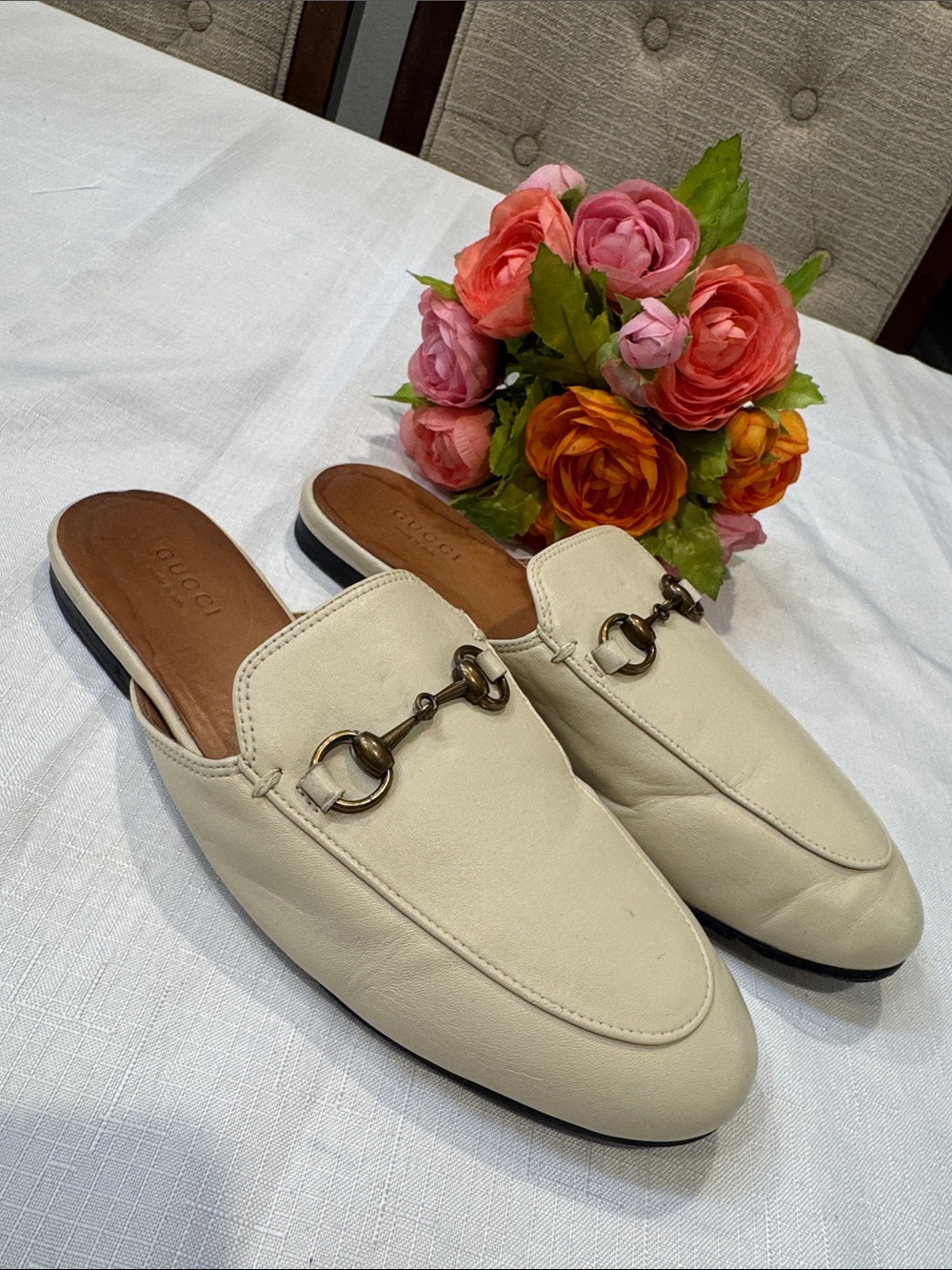 Authentic Gucci Cream Leather Horsebit Mules